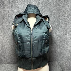 Free People Vtg Women Full Zip Pleated Fur Lined Hooded Green Puffer Vest (Sz L)